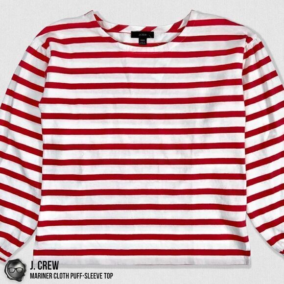 J. CREW MARINER CLOTH PUFF-SLEEVE TOP IN FADED POPPY RED STRIPE WOMEN’S SIZE XXS - Picture 3 of 13